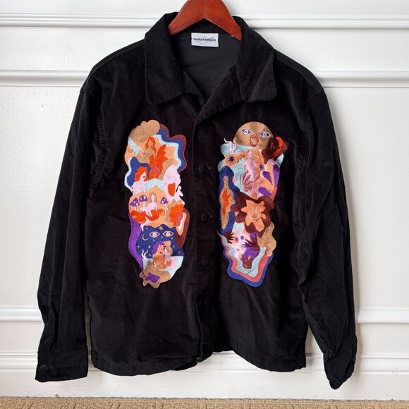 Carne Bollente Black Velvet Shirt Embroidered Erotic Graphic Button Front Sz M - Picture 5 of 8